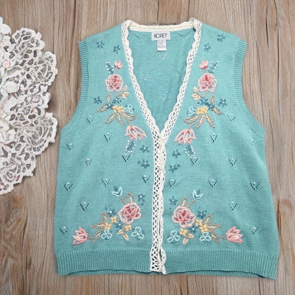VTG Koret Y2K Floral Embroidered Knit Vest Teal Blue Cottagecore Women XL Boho
